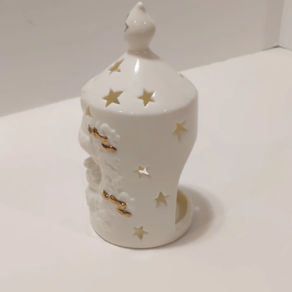 Vintage Candle Tea Lite Holder Santa Head White and Gold with cut out stars